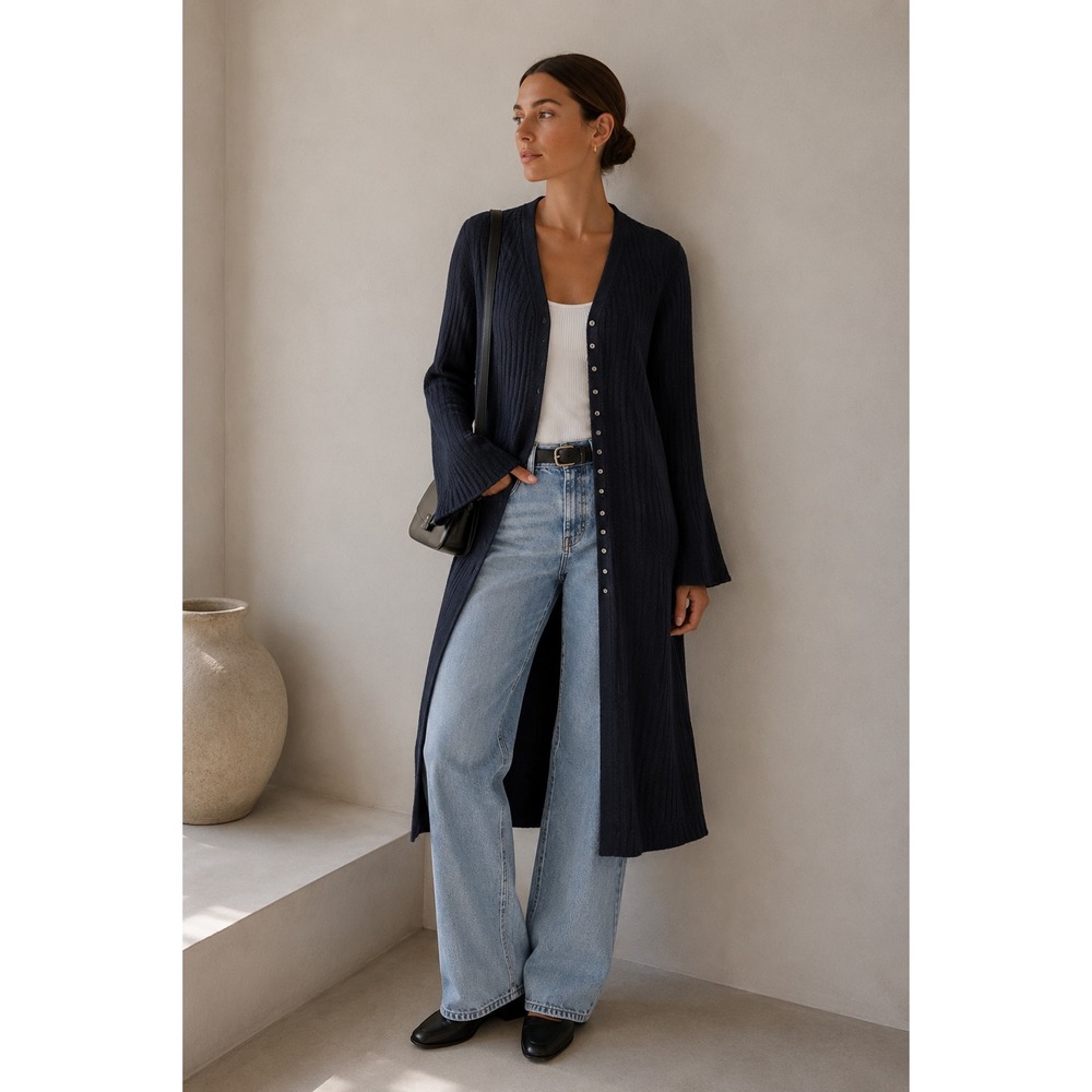 Commense Stacking V-Neck Split Breasted Sweater Dress/Xardi Navy Size Cardigan